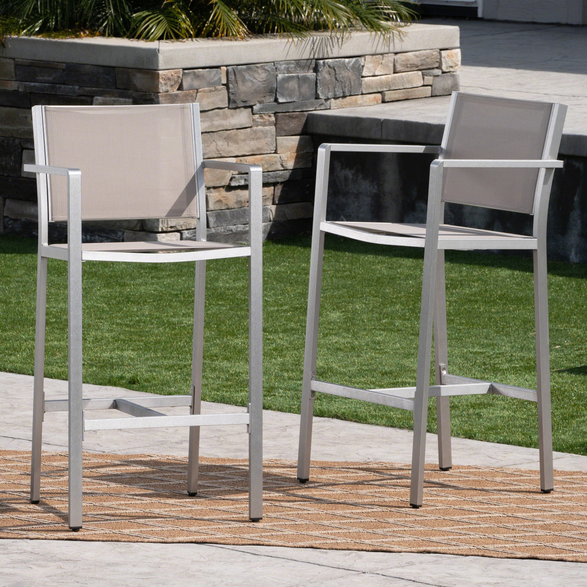 29.50" Barstools with Silver Rust-Proof Aluminum Frame, Grey Mesh, Set of 2
