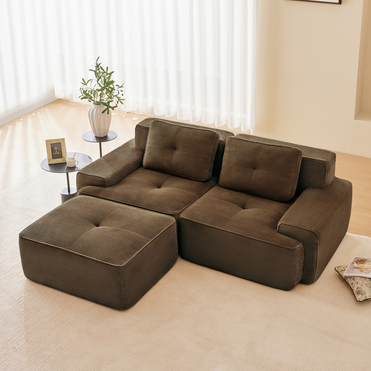 82" Modern L-Shaped Modular Sectional Sofa for Living Room, Corduroy Fabric, 2-Seater Couch with Deep Seat and Movable Ottoman, Pearl-like piping, Tufted Design, No Assembly, Anti-slip Design, Brown