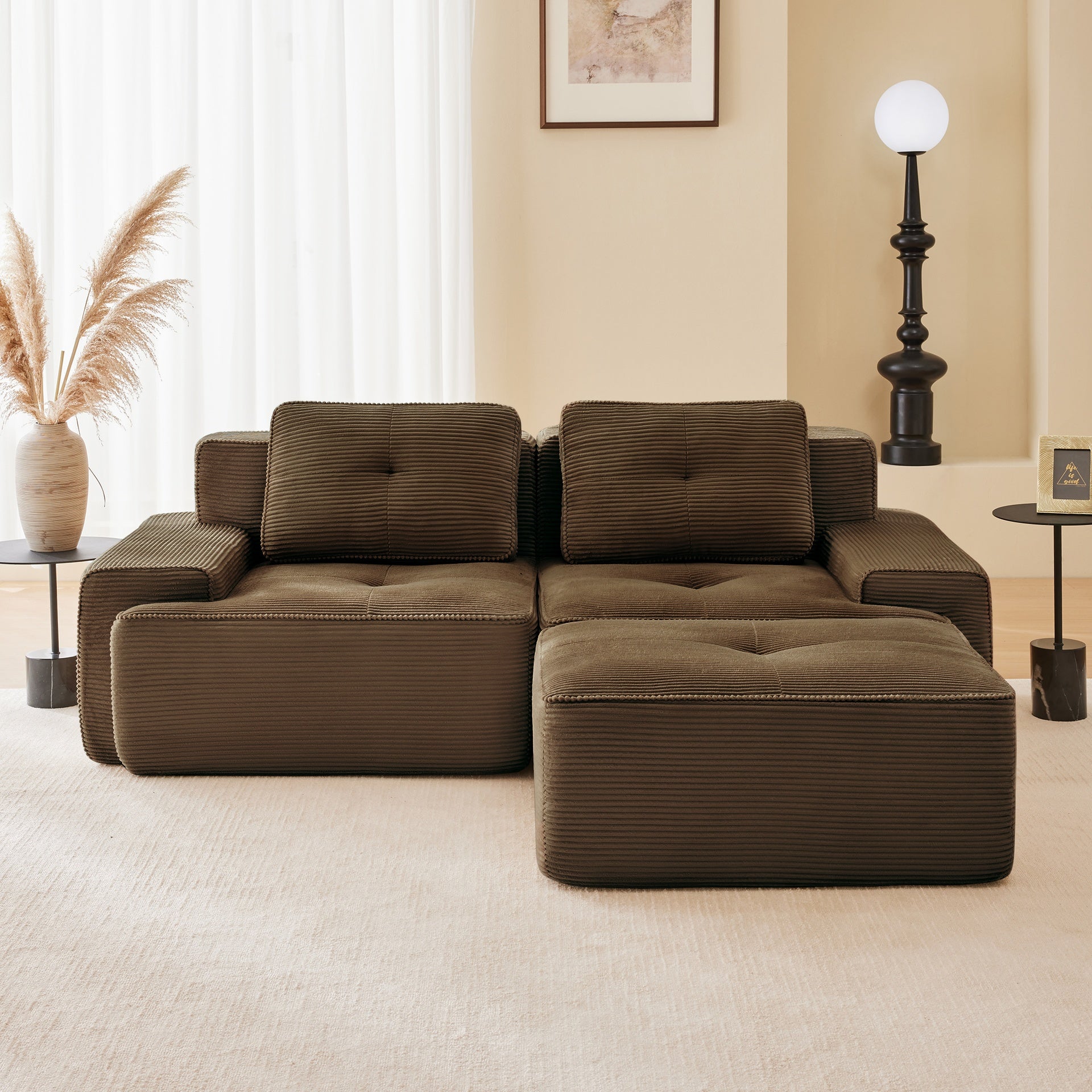 82" Modern L-Shaped Modular Sectional Sofa for Living Room, Corduroy Fabric, 2-Seater Couch with Deep Seat and Movable Ottoman, Pearl-like piping, Tufted Design, No Assembly, Anti-slip Design, Brown