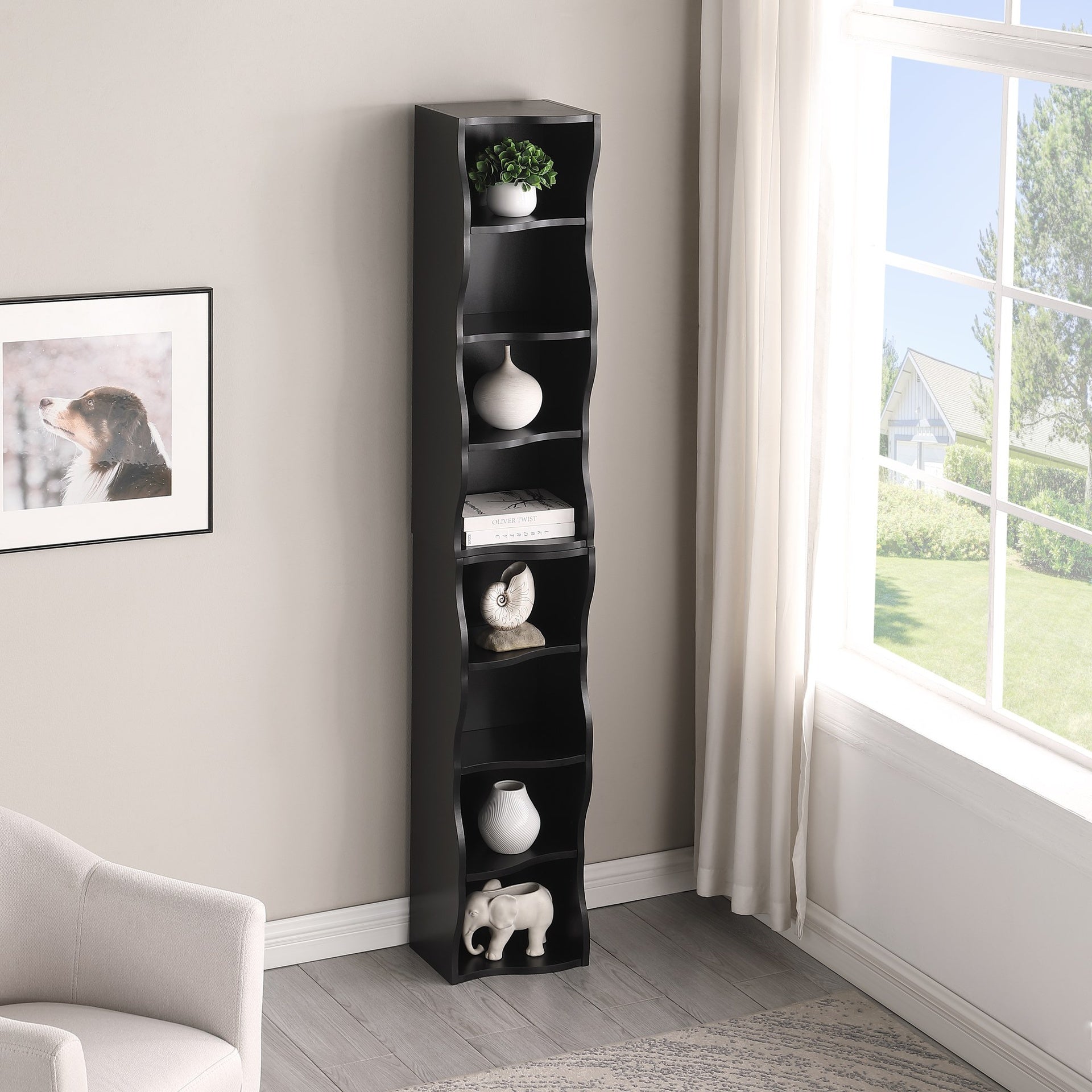 8-layer adjustable shelf ultra-thin bookshelf with a wavy border design, which is more aesthetically pleasing, is suitable for high and narrow, display and multi-functional bookshelves in home offices