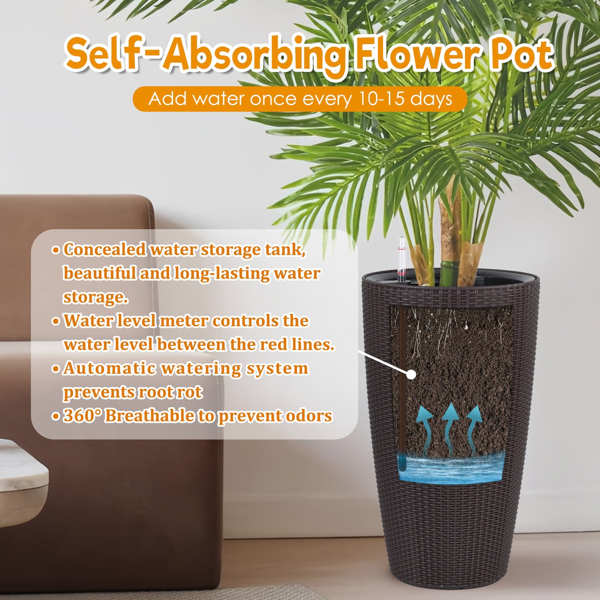 Set of 2 Faux Rattan Tall Planters Outdoor Indoor Large Planters with Water Level Monitor Inner Bucket, Automatic Watering, Flower Plant Pots for Garden, Patio, Porch, Backyard (Brown, 22 inch )