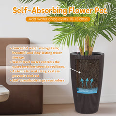 Set of 2 Faux Rattan Tall Planters Outdoor Indoor Large Planters with Water Level Monitor Inner Bucket, Automatic Watering, Flower Plant Pots for Garden, Patio, Porch, Backyard (Brown, 22 inch )