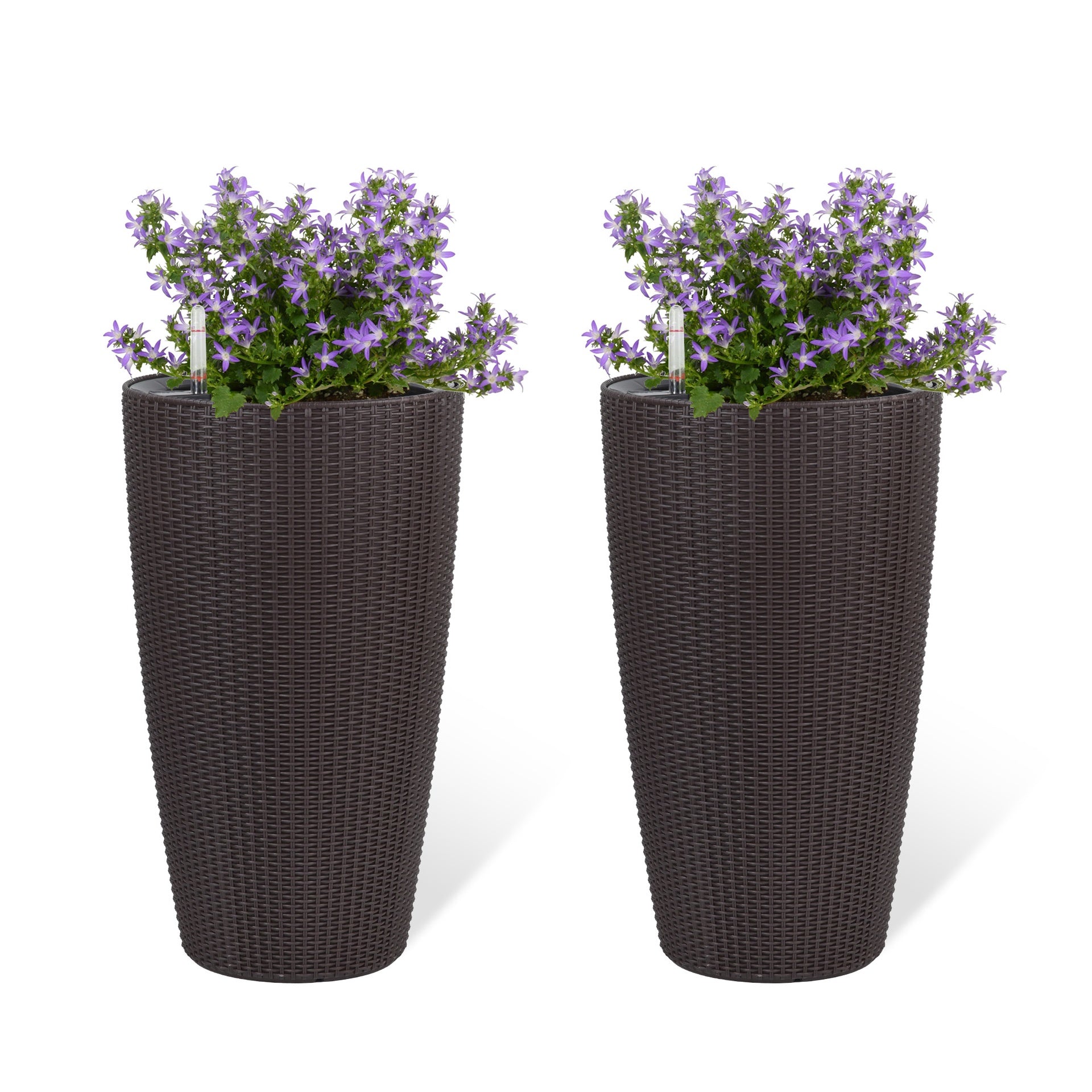 Set of 2 Faux Rattan Tall Planters Outdoor Indoor Large Planters with Water Level Monitor Inner Bucket, Automatic Watering, Flower Plant Pots for Garden, Patio, Porch, Backyard (Brown, 22 inch )
