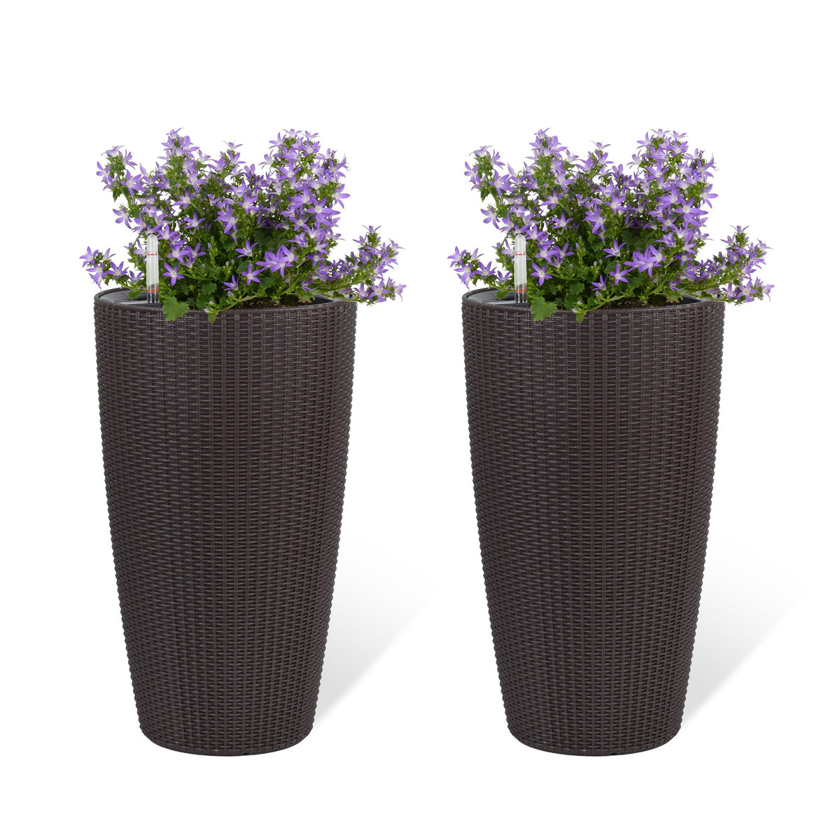 Set of 2 Faux Rattan Tall Planters Outdoor Indoor Large Planters with Water Level Monitor Inner Bucket, Automatic Watering, Flower Plant Pots for Garden, Patio, Porch, Backyard (Brown, 22 inch )