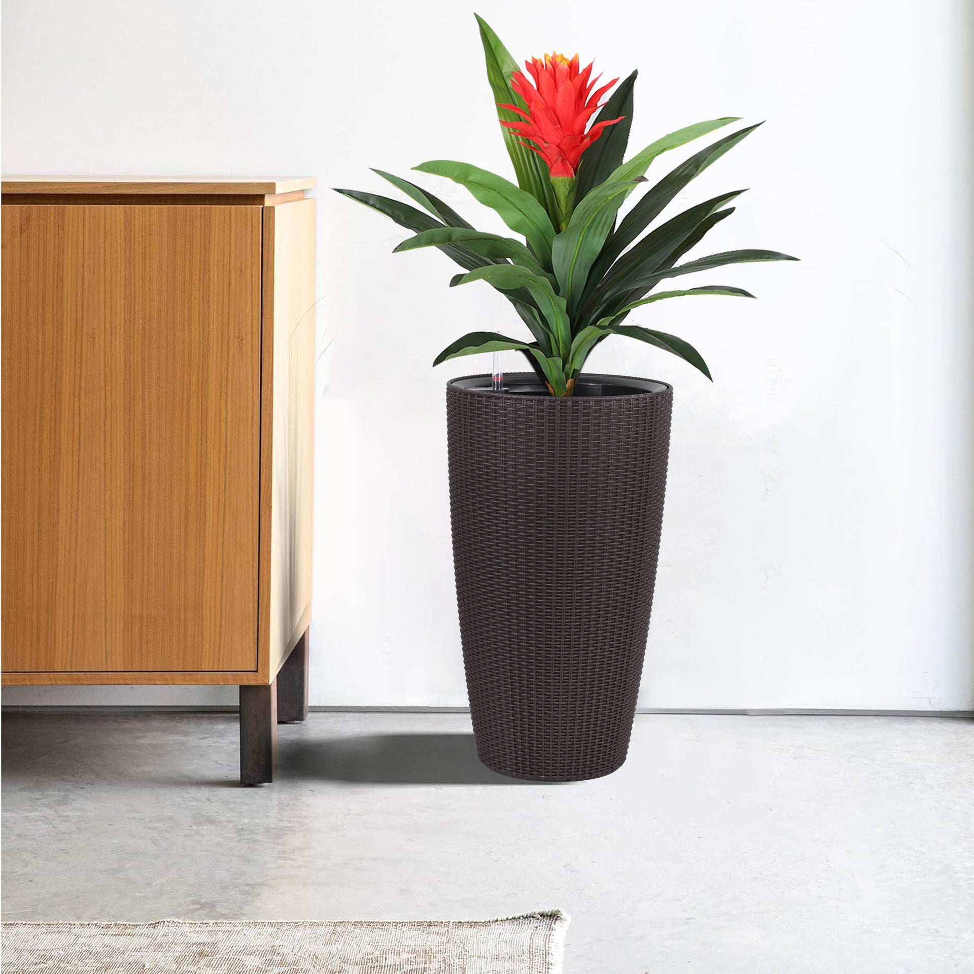 Set of 2 Faux Rattan Tall Planters Outdoor Indoor Large Planters with Water Level Monitor Inner Bucket, Automatic Watering, Flower Plant Pots for Garden, Patio, Porch, Backyard (Brown, 22 inch )