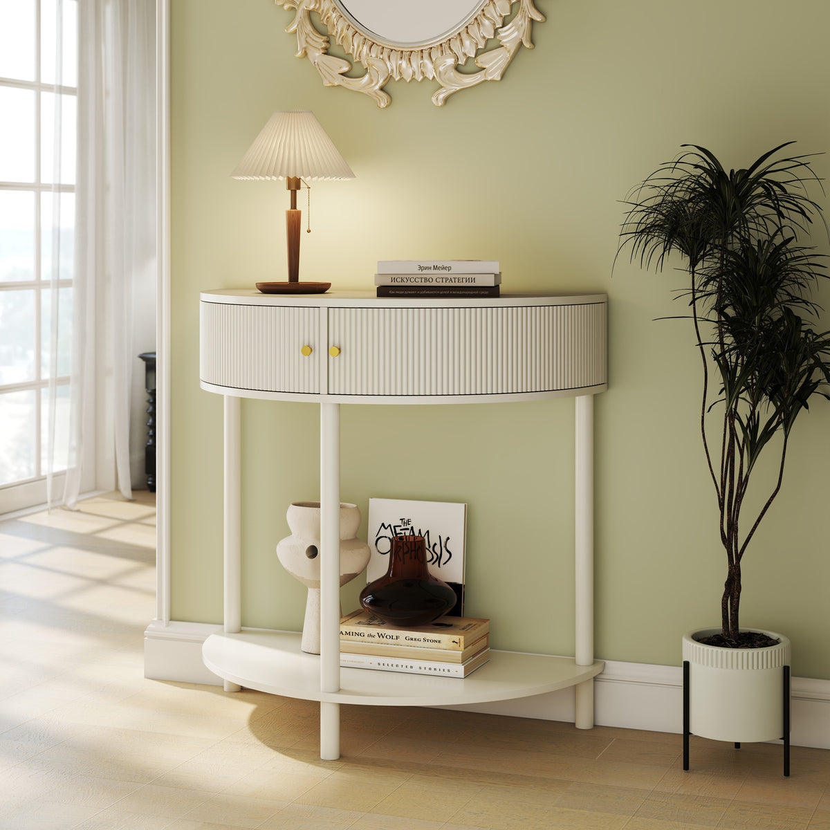 Artisan-Crafted Wave-Pattern Demi-Lune Console Table with Creamy White Finish,Unique Half Moon Design End Table with 2 Storage Drawers and Bottom Shelf for Living room, Bedroom, Study, Hallway