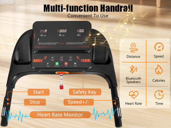 Treadmills for Home, 2.5HP Quiet Folding Treadmill with Heart Rate Sensor,  300lbs Weight Capacity, 7.5MPH, Incline Treadmill With USB Charge Station For Android & Bluetooth Speaker, 6 Shock-Absorbing