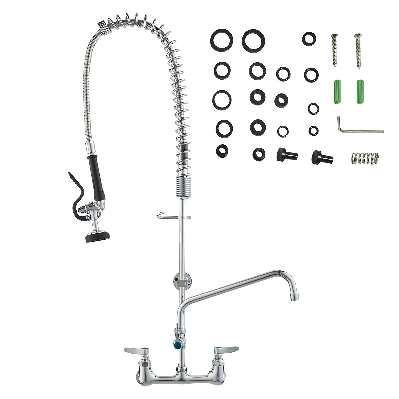 Commercial Faucet with Pre-Rinse Sprayer, 36" Height, 8" Center, 12" Swing Spout, Wall Mount Kitchen Sink Faucet, Brass Constructed Device with Pull Down Spray, for 1/2/3 Compartment Sink
