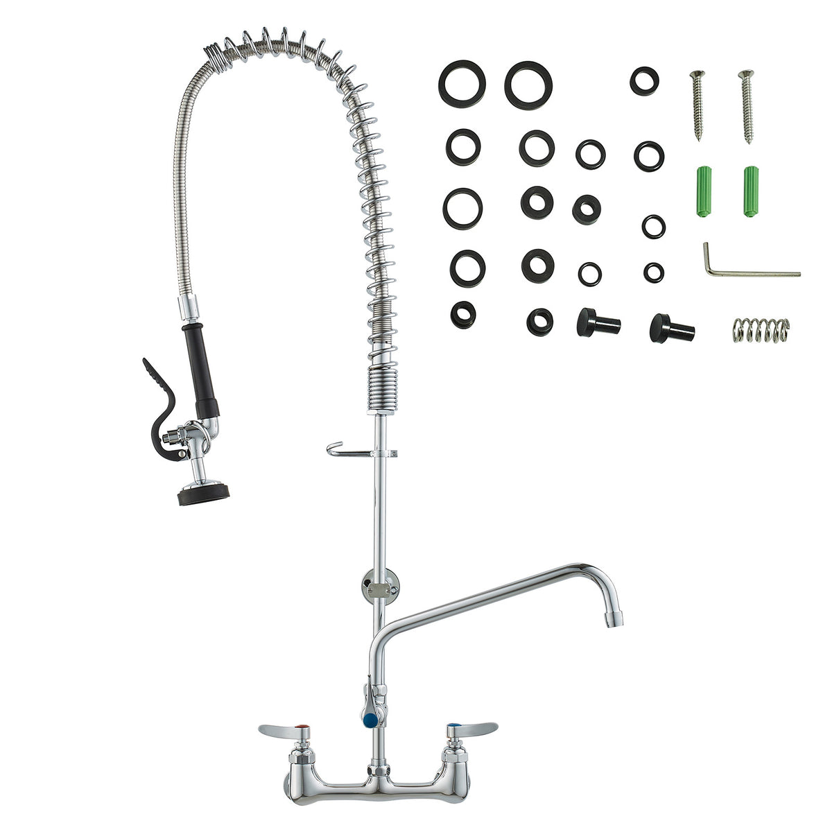 Commercial Faucet with Pre-Rinse Sprayer, 36" Height, 8" Center, 12" Swing Spout, Wall Mount Kitchen Sink Faucet, Brass Constructed Device with Pull Down Spray, for 1/2/3 Compartment Sink