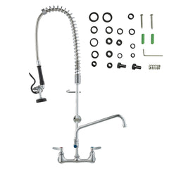 Commercial Faucet with Pre-Rinse Sprayer, 36" Height, 8" Center, 12" Swing Spout, Wall Mount Kitchen Sink Faucet, Brass Constructed Device with Pull Down Spray, for 1/2/3 Compartment Sink