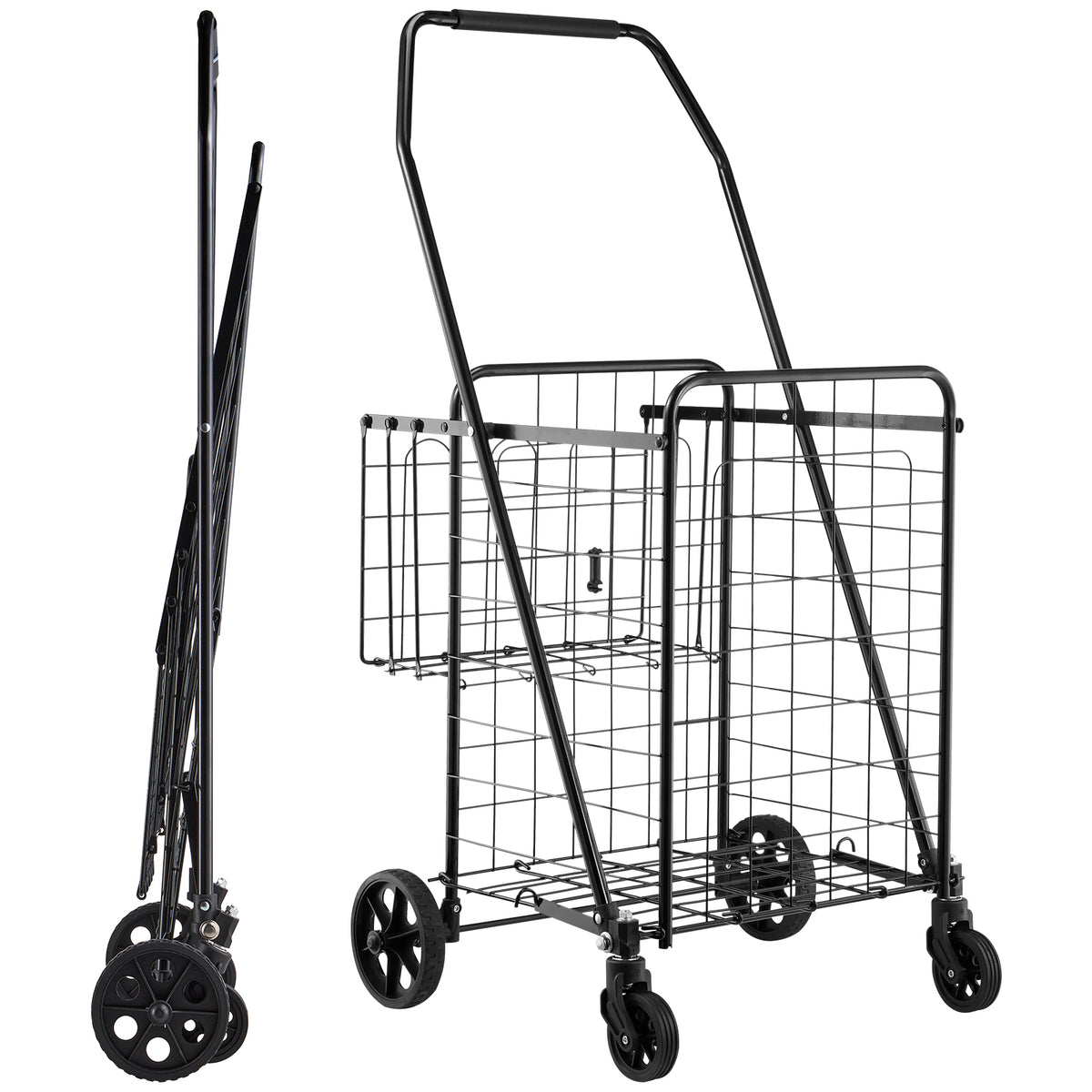 Shopping Cart, Folding Grocery Utility Cart with Dual Baskets, Waterproof Liner & Wheels, 100 LBS Large Load Capacity, Heavy Duty Laundry Basket for Laundry, Shopping, Camping, Grocery, Luggage