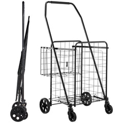Shopping Cart, Folding Grocery Utility Cart with Dual Baskets, Waterproof Liner & Wheels, 100 LBS Large Load Capacity, Heavy Duty Laundry Basket for Laundry, Shopping, Camping, Grocery, Luggage