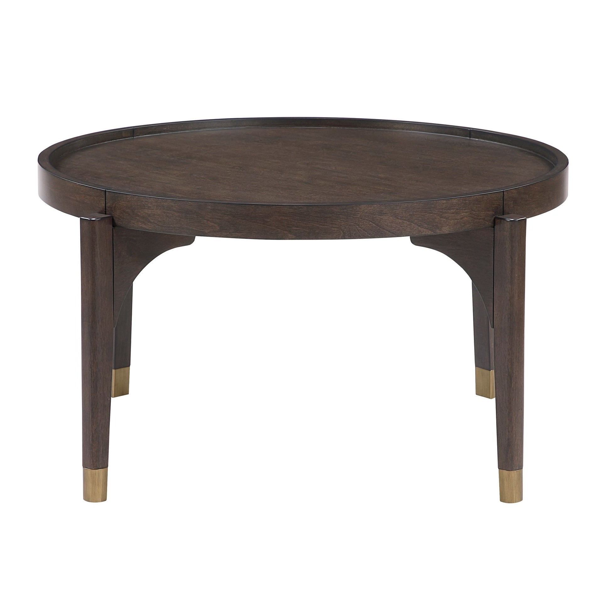 Dark Brown Finish Cocktail Table Solid Wood Legs with Metallic Gold Tip Classic Luxury Living Room Furniture 1pc Round Coffee Table
