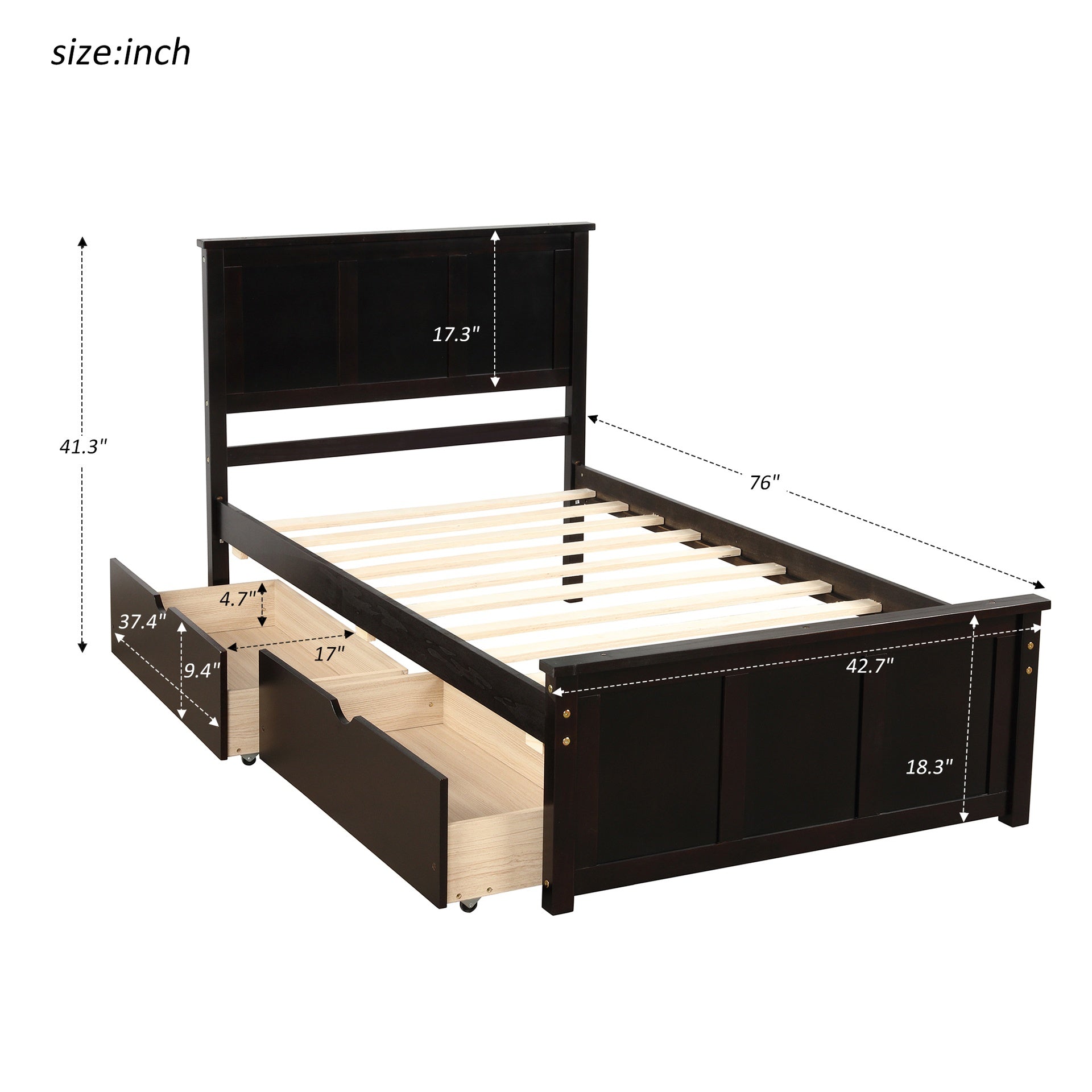 Platform Storage Bed, 2 drawers with wheels, Twin Size Frame, Espresso