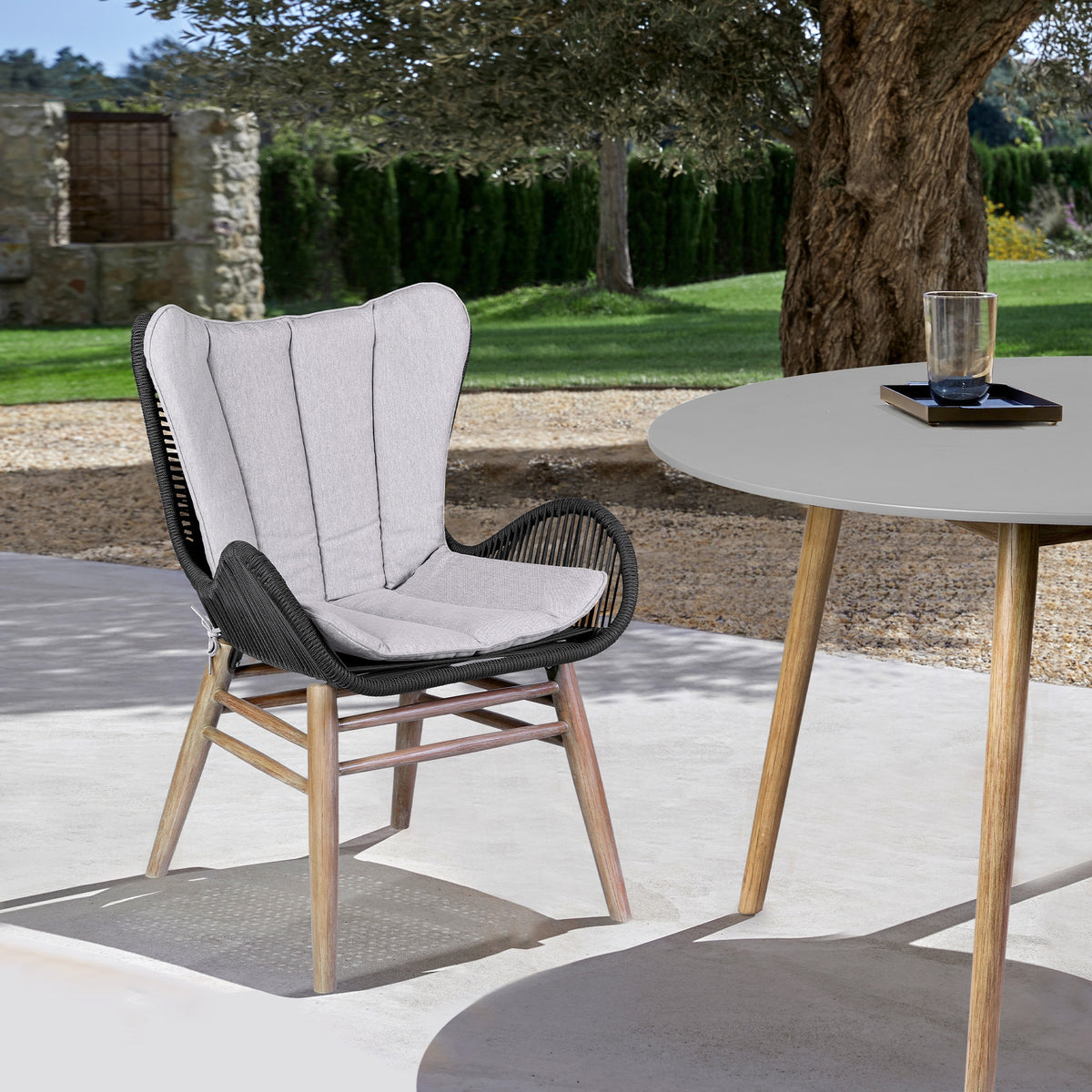 Mateo Outdoor Patio Dining Chair in Light Eucalyptus Wood and Charcoal Rope