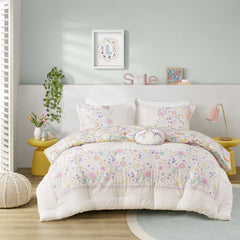 3 PCS Twin Floral Reversible Cotton Comforter Set with Throw Pillow Purple