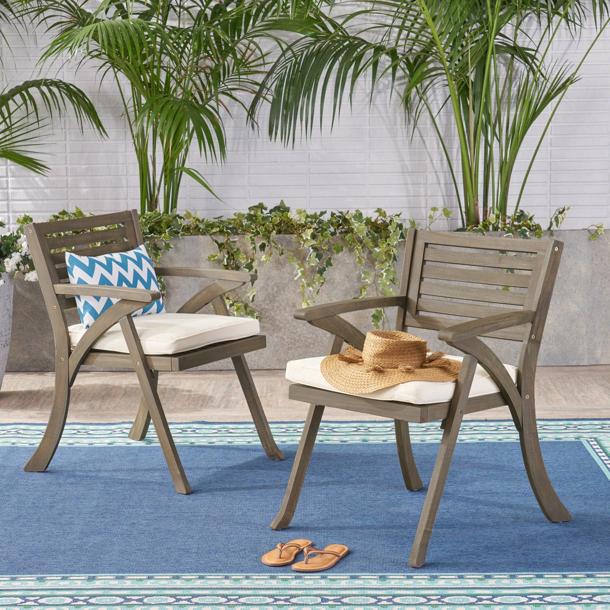 Helen Outdoor Acacia Wood Dining Chair, Gray and Crème