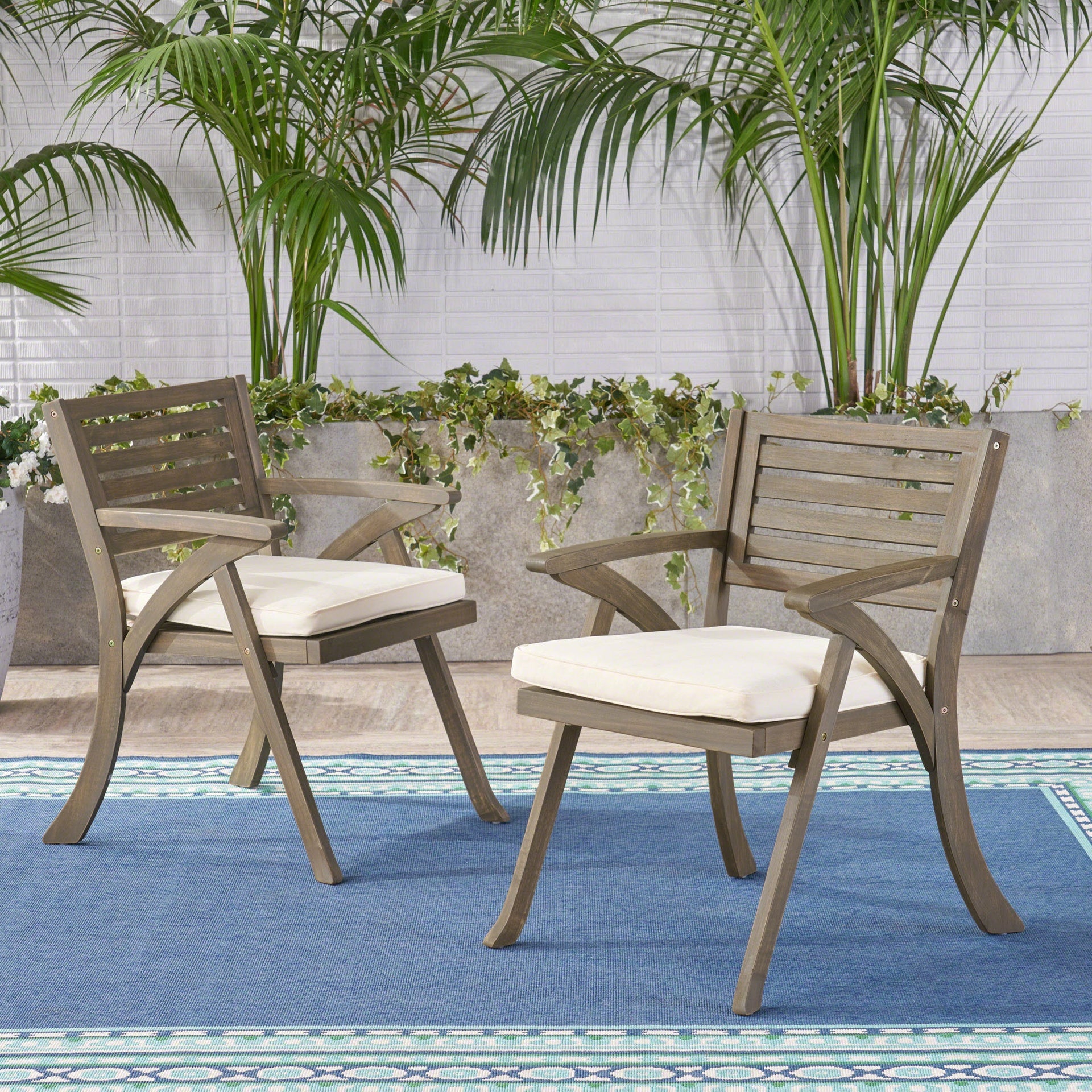 Helen Outdoor Acacia Wood Dining Chair, Gray and Crème