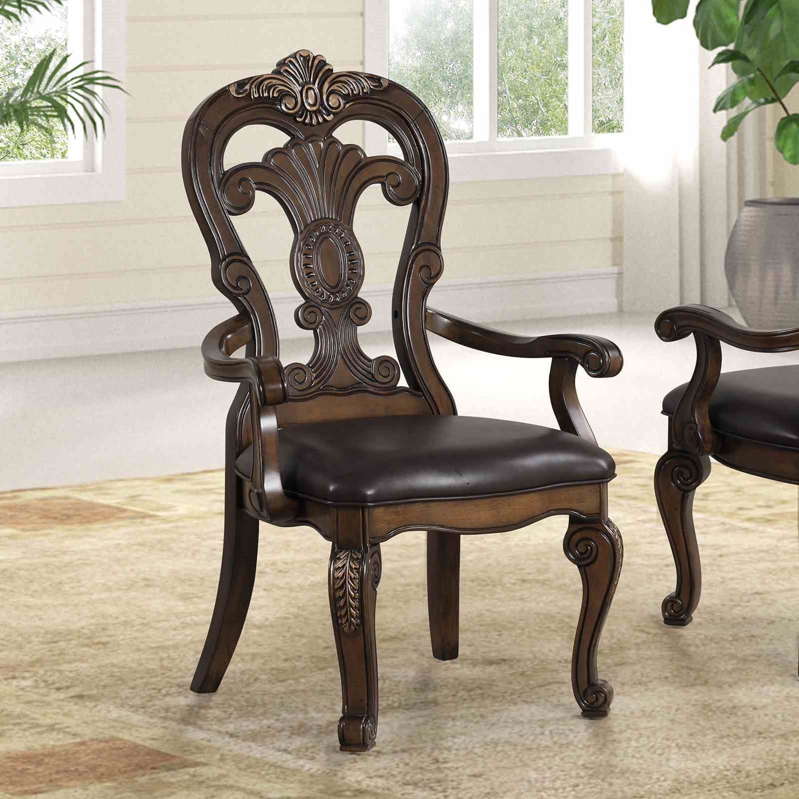 Traditional Style 2pc Arm Chair Ornate Corbels Dark Brown Finish Dining Room