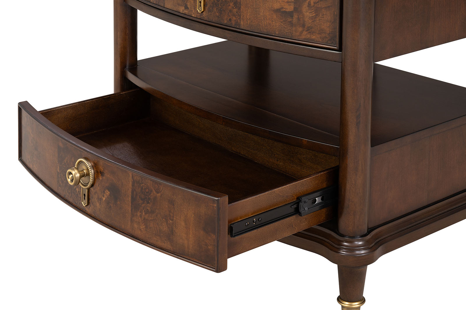 Traditional Style 1pc Nightstand Power Outlet Round Key Knobs Gold Capped Legs Ball Bearing Glide Dark Cherry Finish Bedroom Furniture