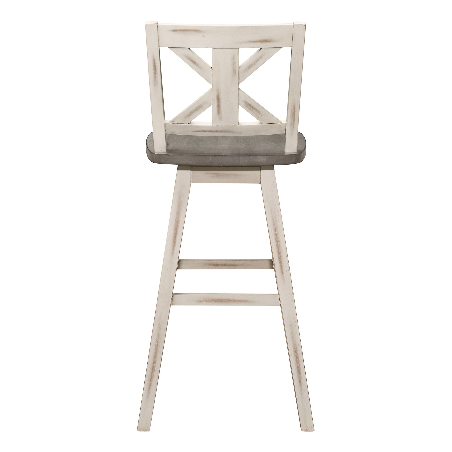Pub Height Chairs Set of 2, Distressed Gray and White 360-degree Swivel Chair Solid Rubberwood Furniture, X-Back Bar Chairs