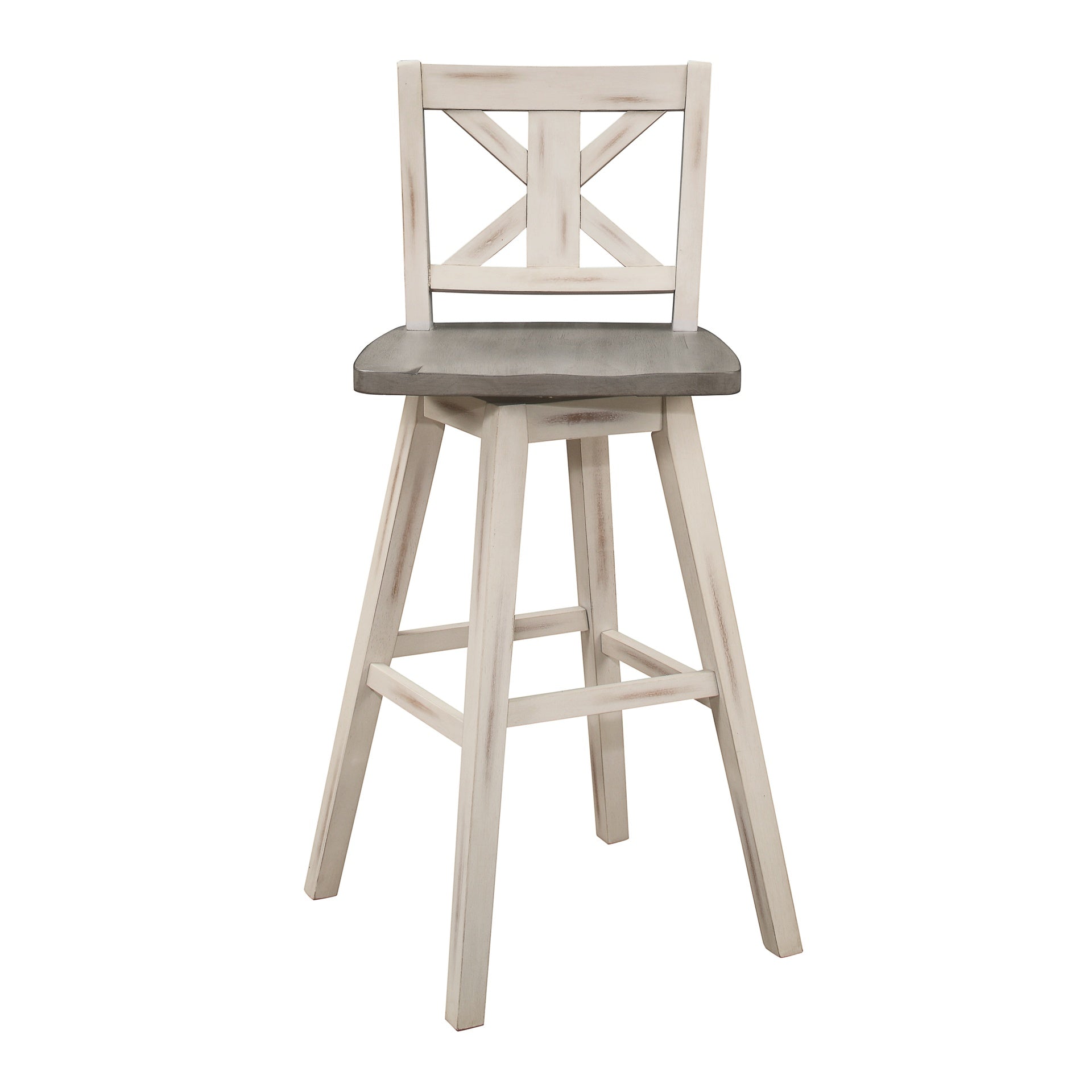 Pub Height Chairs Set of 2, Distressed Gray and White 360-degree Swivel Chair Solid Rubberwood Furniture, X-Back Bar Chairs