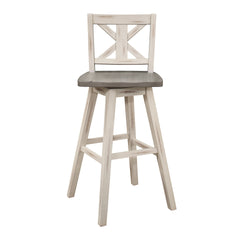 Pub Height Chairs Set of 2, Distressed Gray and White 360-degree Swivel Chair Solid Rubberwood Furniture, X-Back Bar Chairs