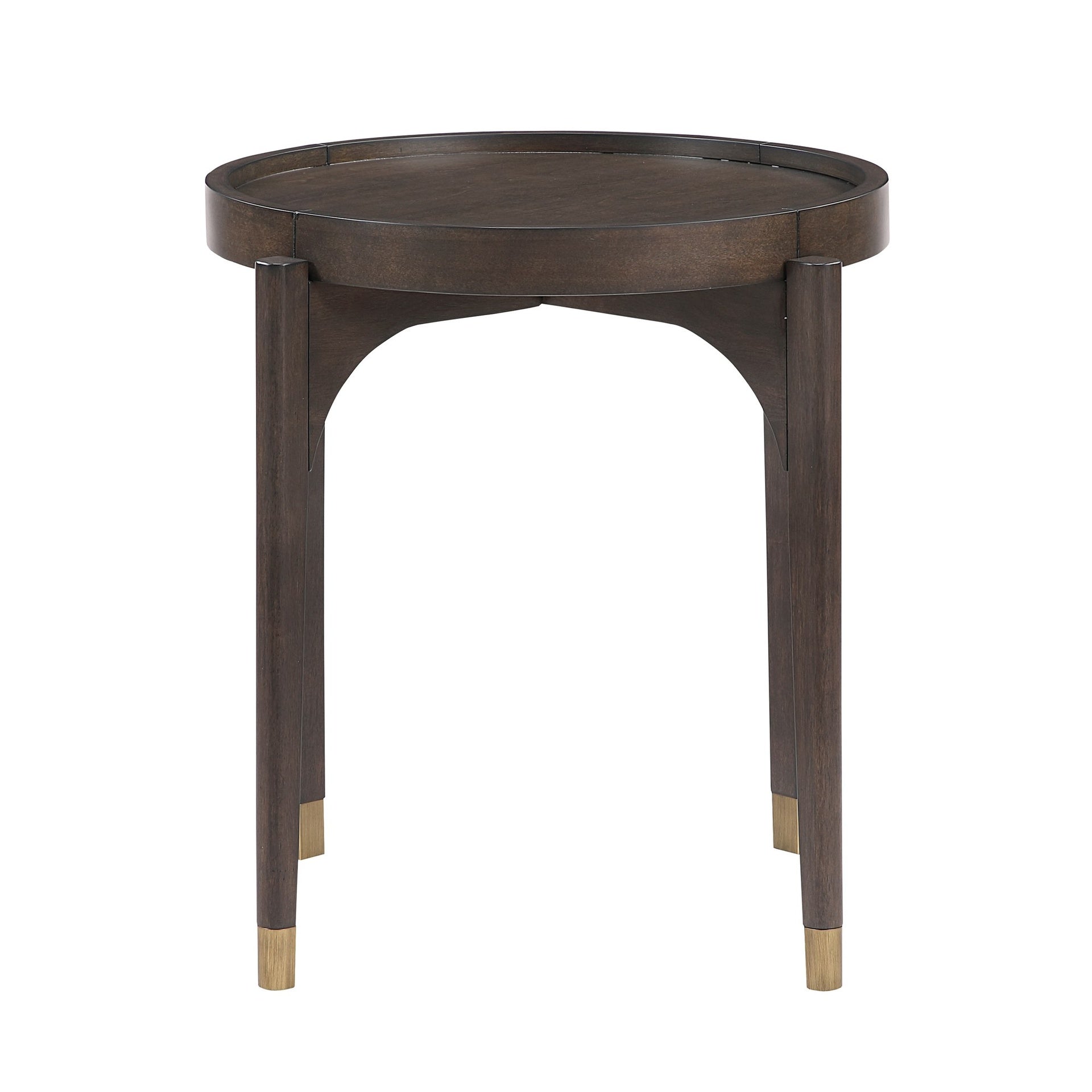 Dark Brown Finish Round End Table Solid Wood Legs with Metallic Gold Tip Classic Luxury Living Room Furniture 1pc Side Table
