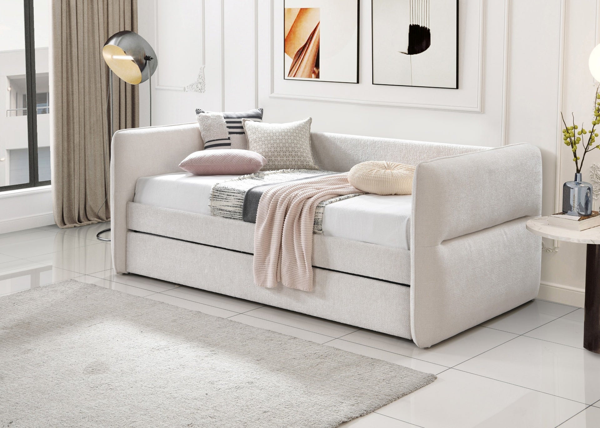 Luxurious 1pc Modern Daybed Pull Out Trundle Button Tufted Nailhead Trim Bedroom Living Room Furniture Oatmeal Finish
