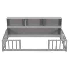 Twin Floor Bed with  Bedside Bookcase,Shelves,Guardrails,Grey