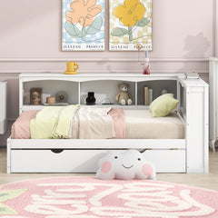 Twin Size Daybed with Trundle, Storage Cabinets and USB Ports, White