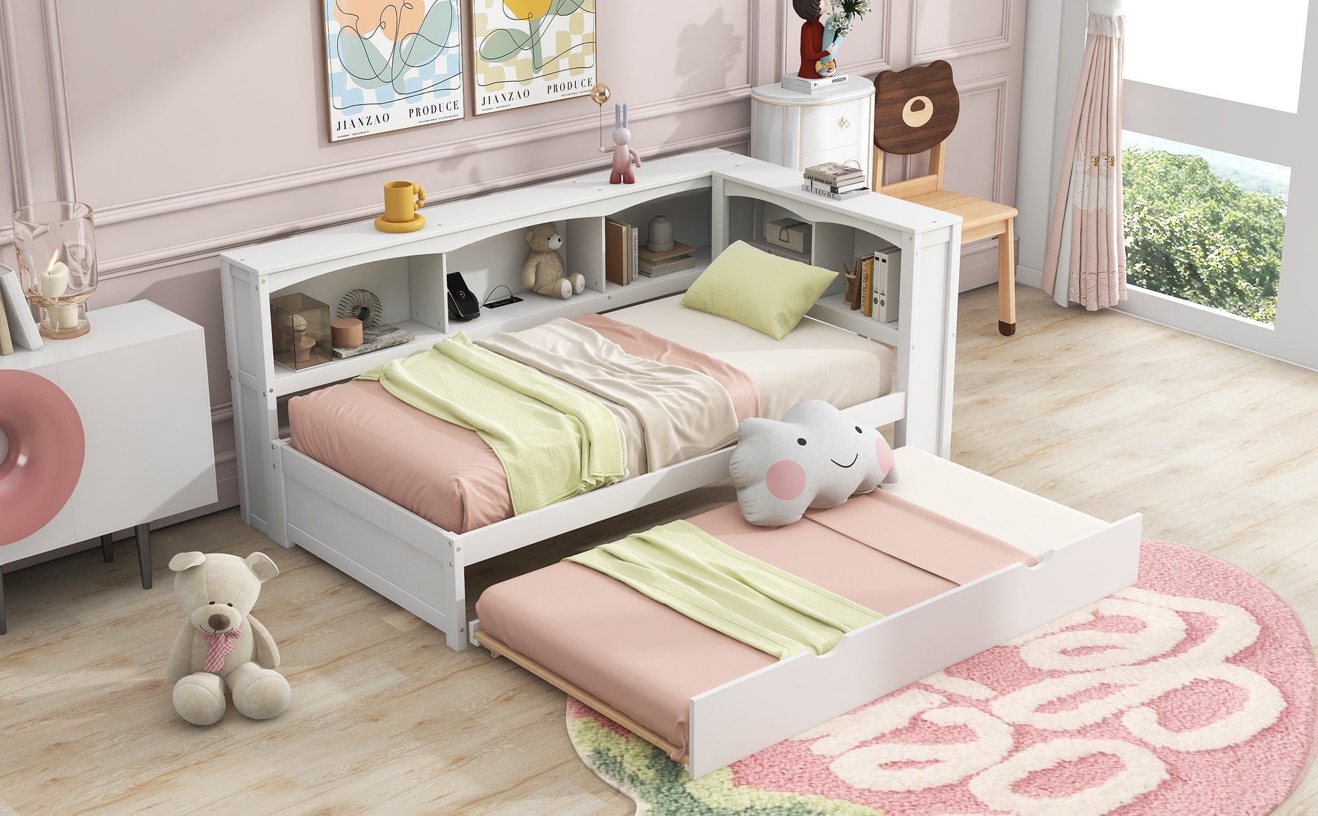 Twin Size Daybed with Trundle, Storage Cabinets and USB Ports, White