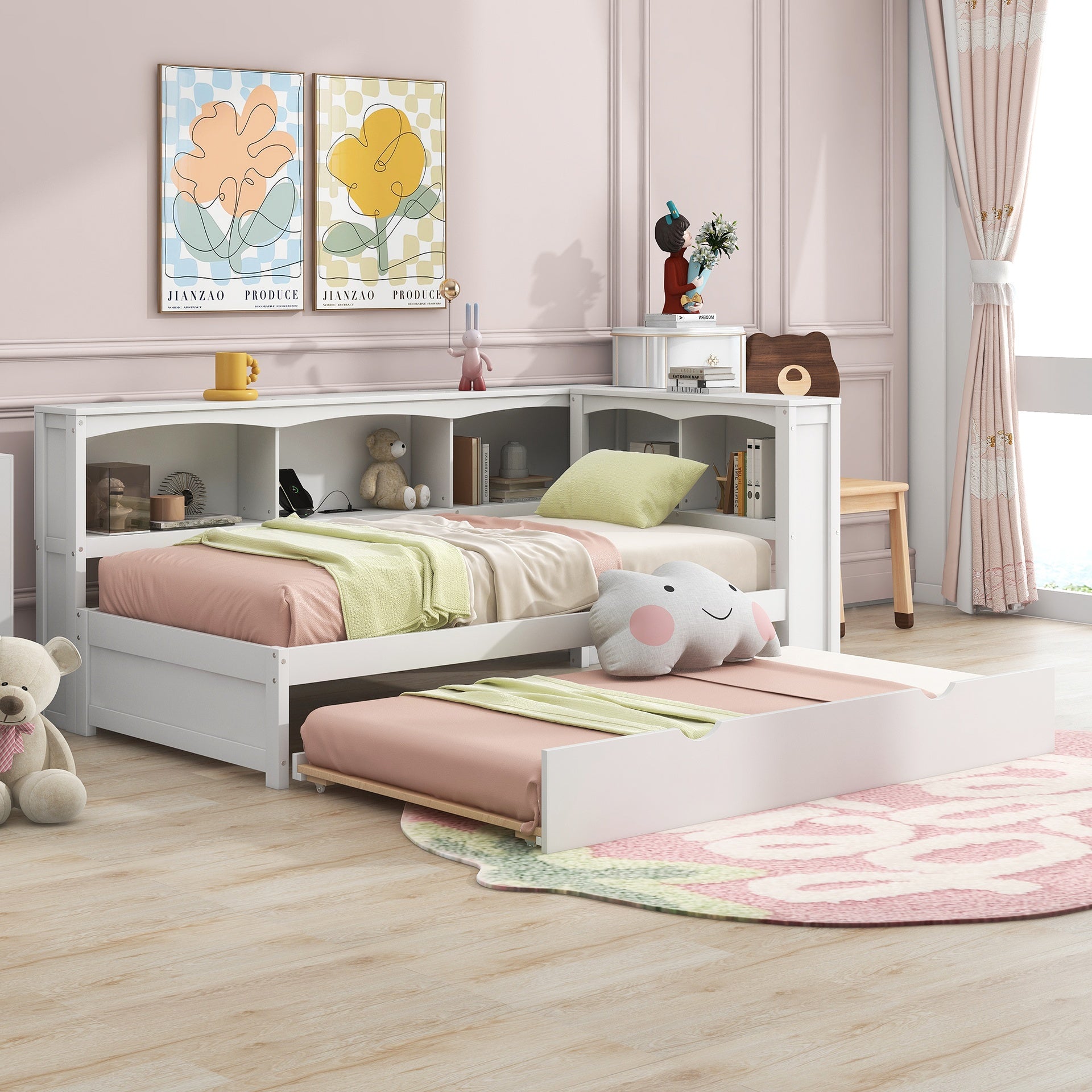 Twin Size Daybed with Trundle, Storage Cabinets and USB Ports, White