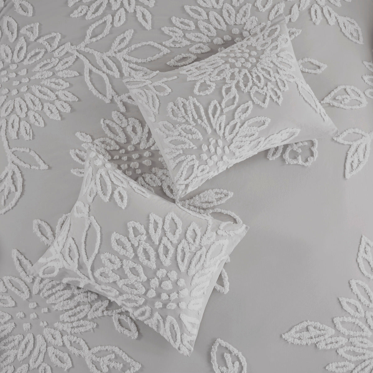 3 Piece Tufted Cotton Chenille Floral Comforter Set Warm Grey/White King/Cal King