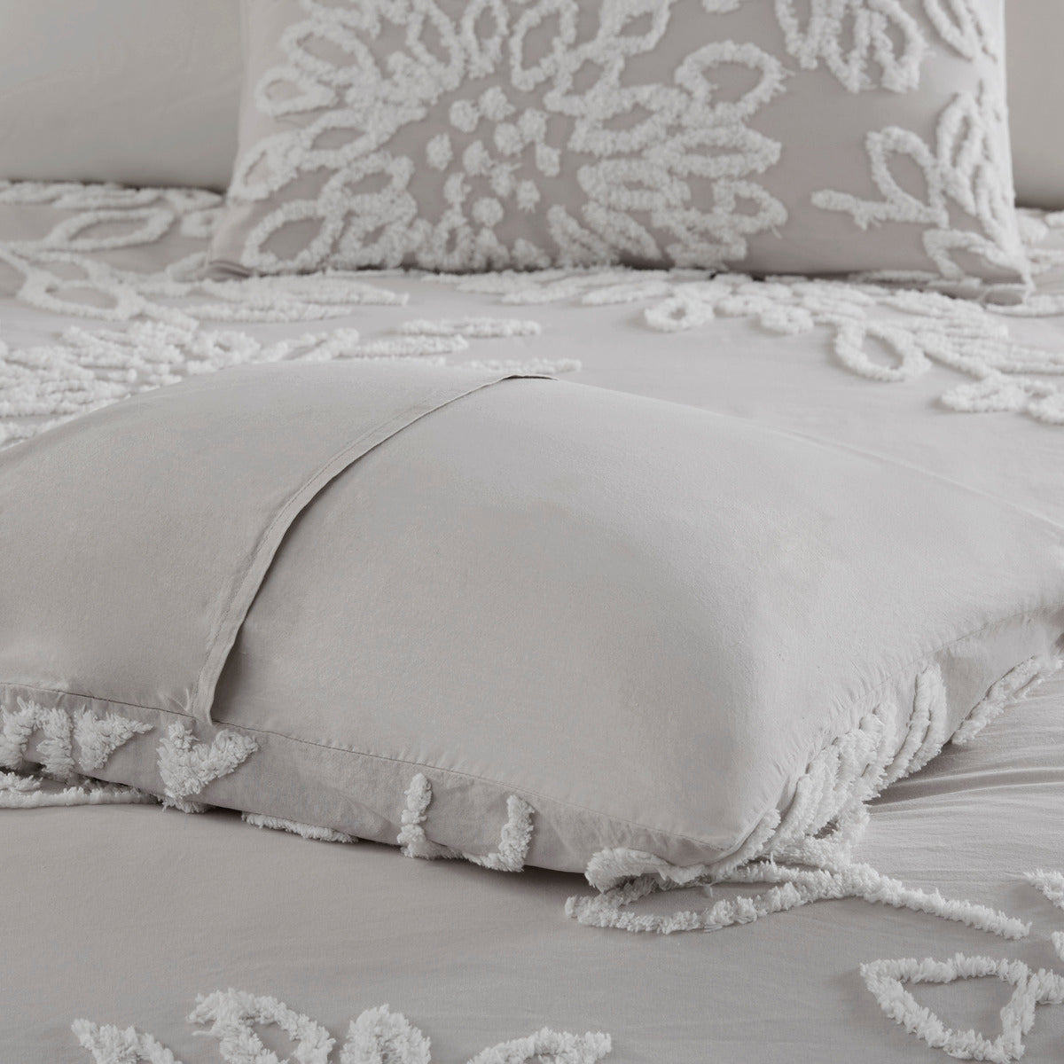 3 Piece Tufted Cotton Chenille Floral Comforter Set Warm Grey/White King/Cal King
