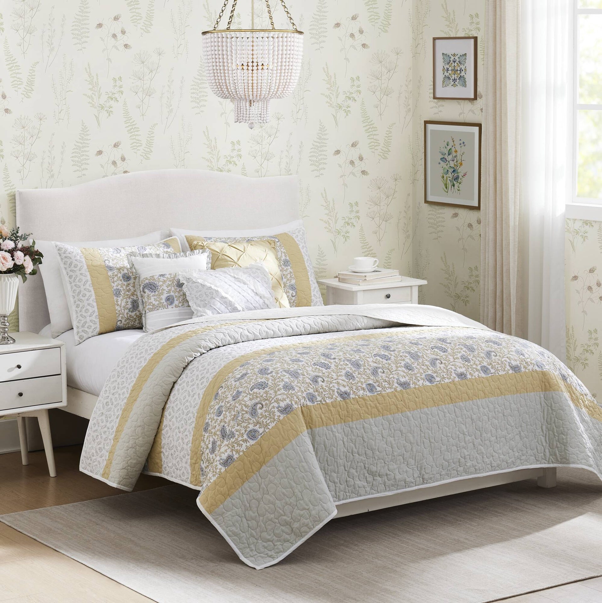 6 Piece Cotton Percale Quilt Set with Throw Pillows Yellow King/Cal King
