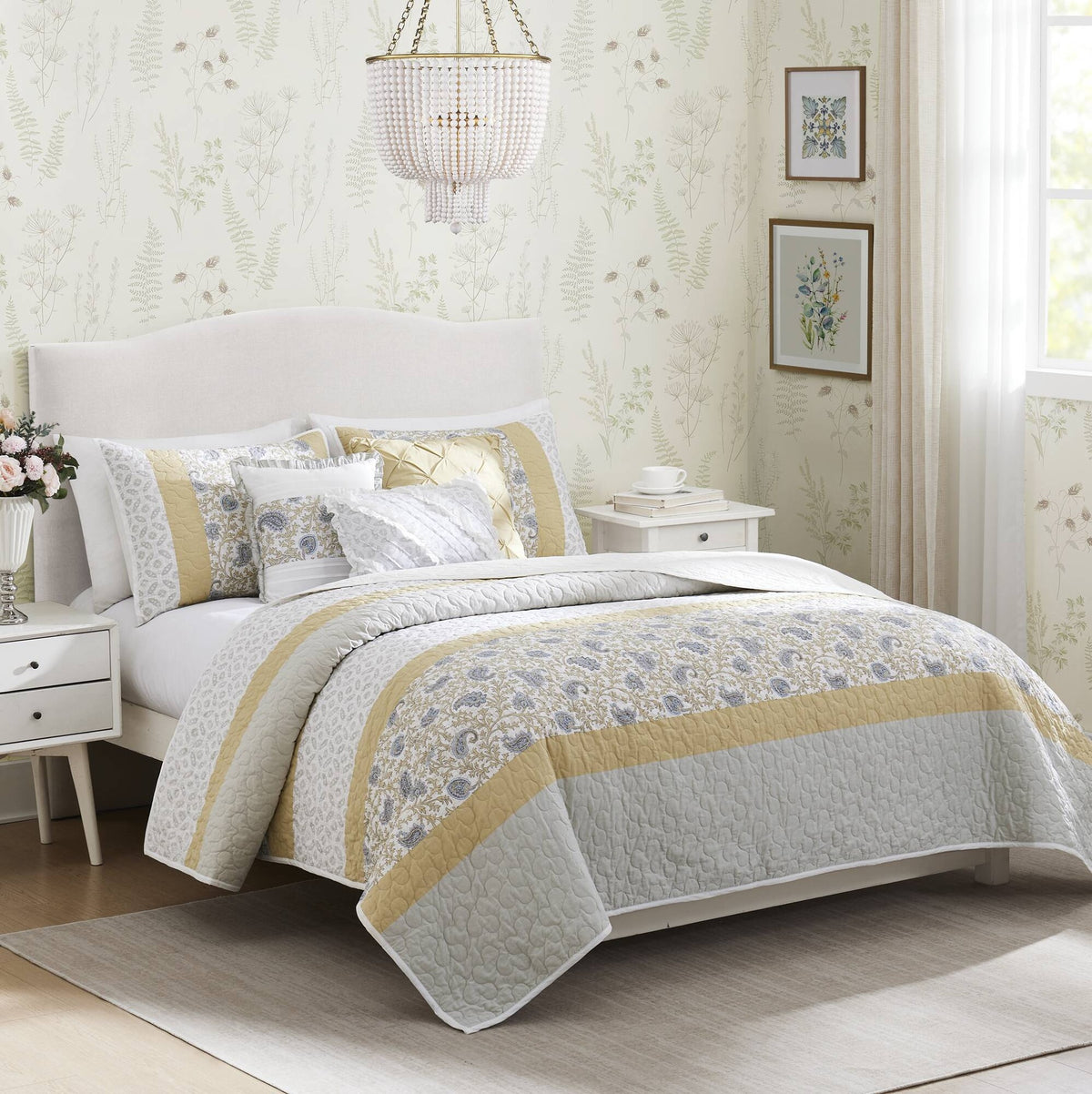 6 Piece Cotton Percale Quilt Set with Throw Pillows Yellow King/Cal King
