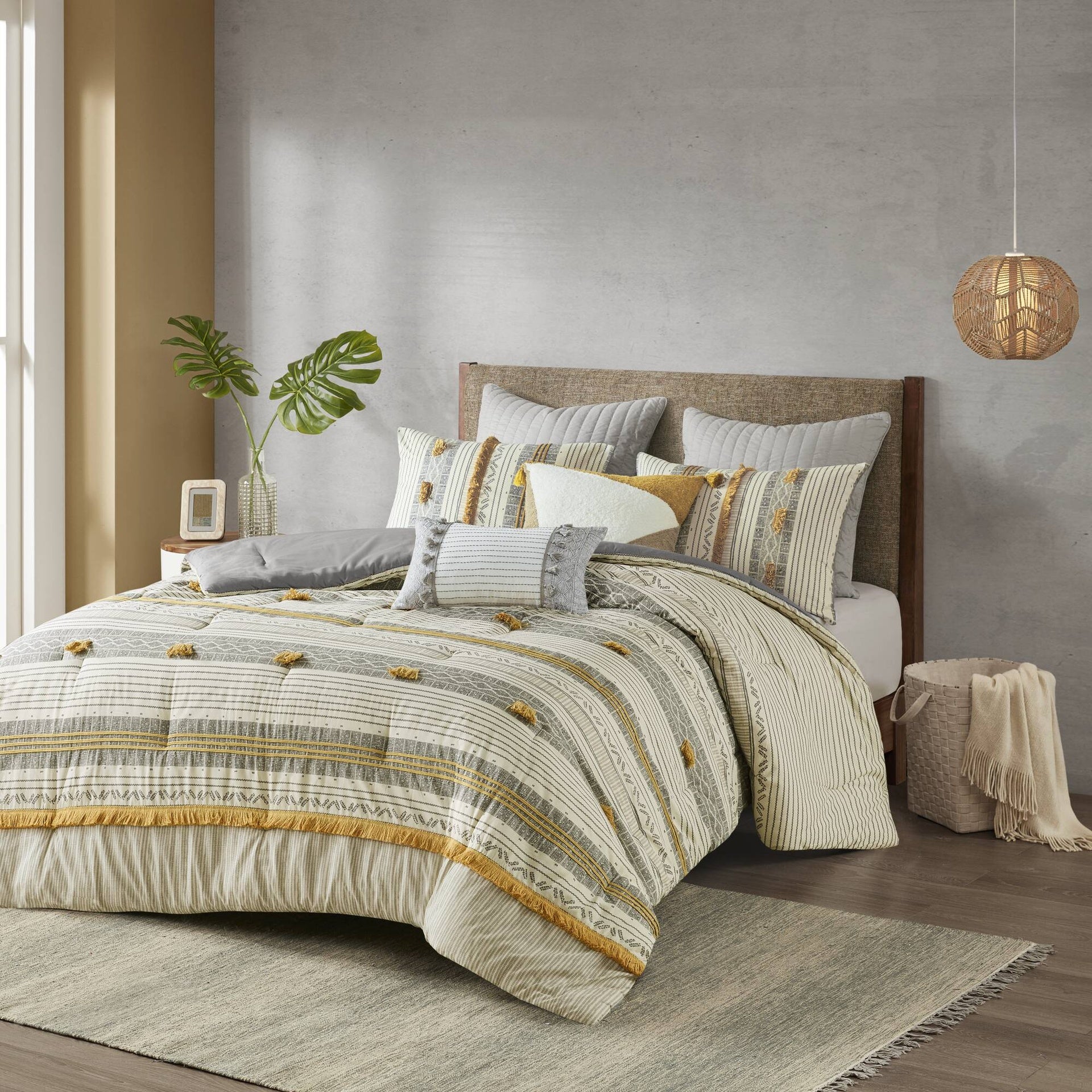 3 Piece Cotton Comforter Set Gray/Yellow Full/Queen