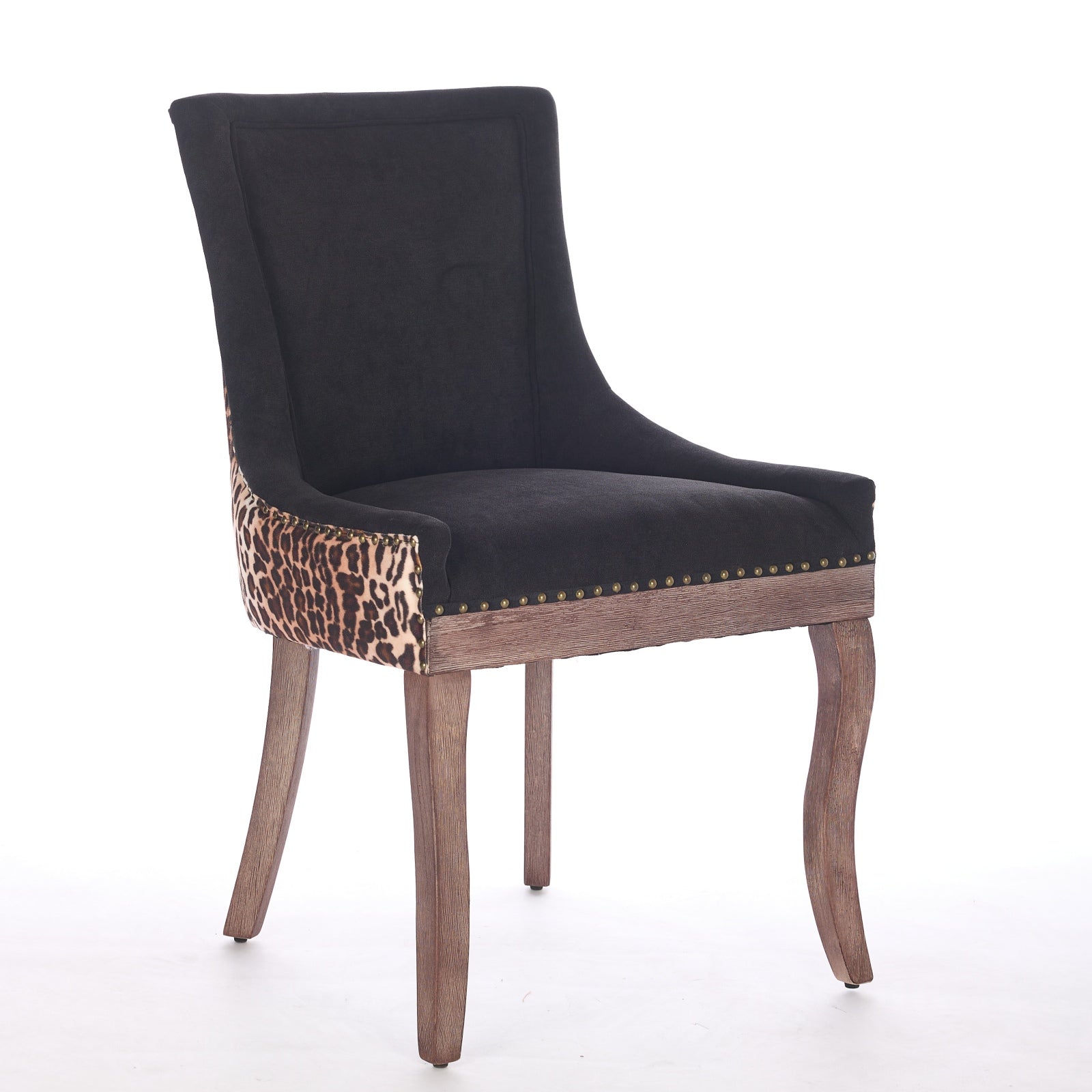 A&A Furniture,Ultra Side Dining Chair, Thickened fabric chairs with neutrally toned solid wood legs, Bronze nail head, Set of 2,Leopard Print