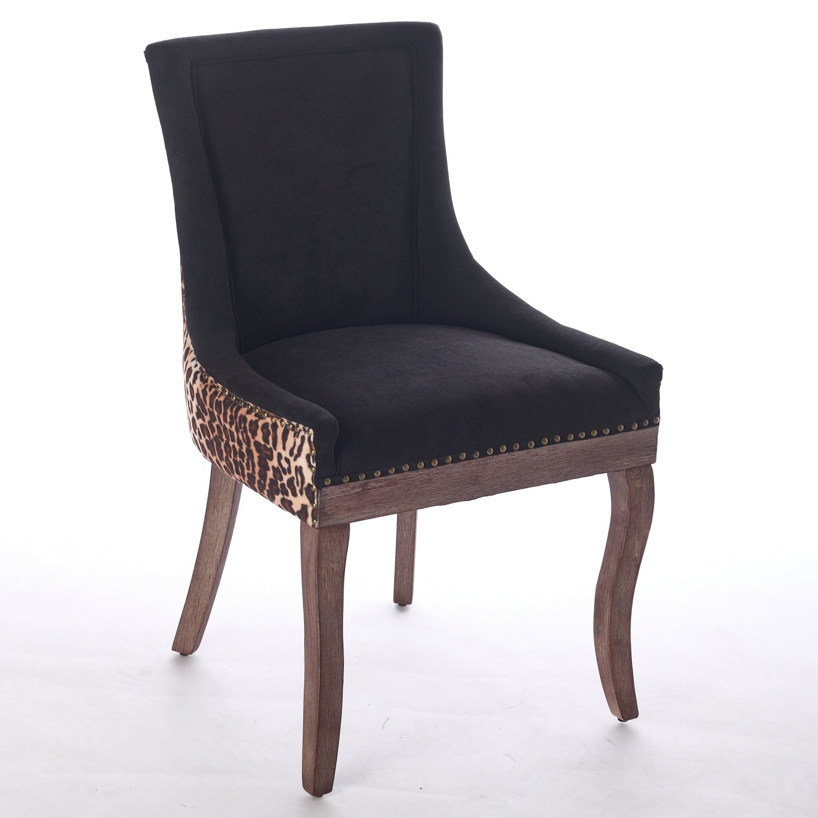 A&A Furniture,Ultra Side Dining Chair, Thickened fabric chairs with neutrally toned solid wood legs, Bronze nail head, Set of 2,Leopard Print