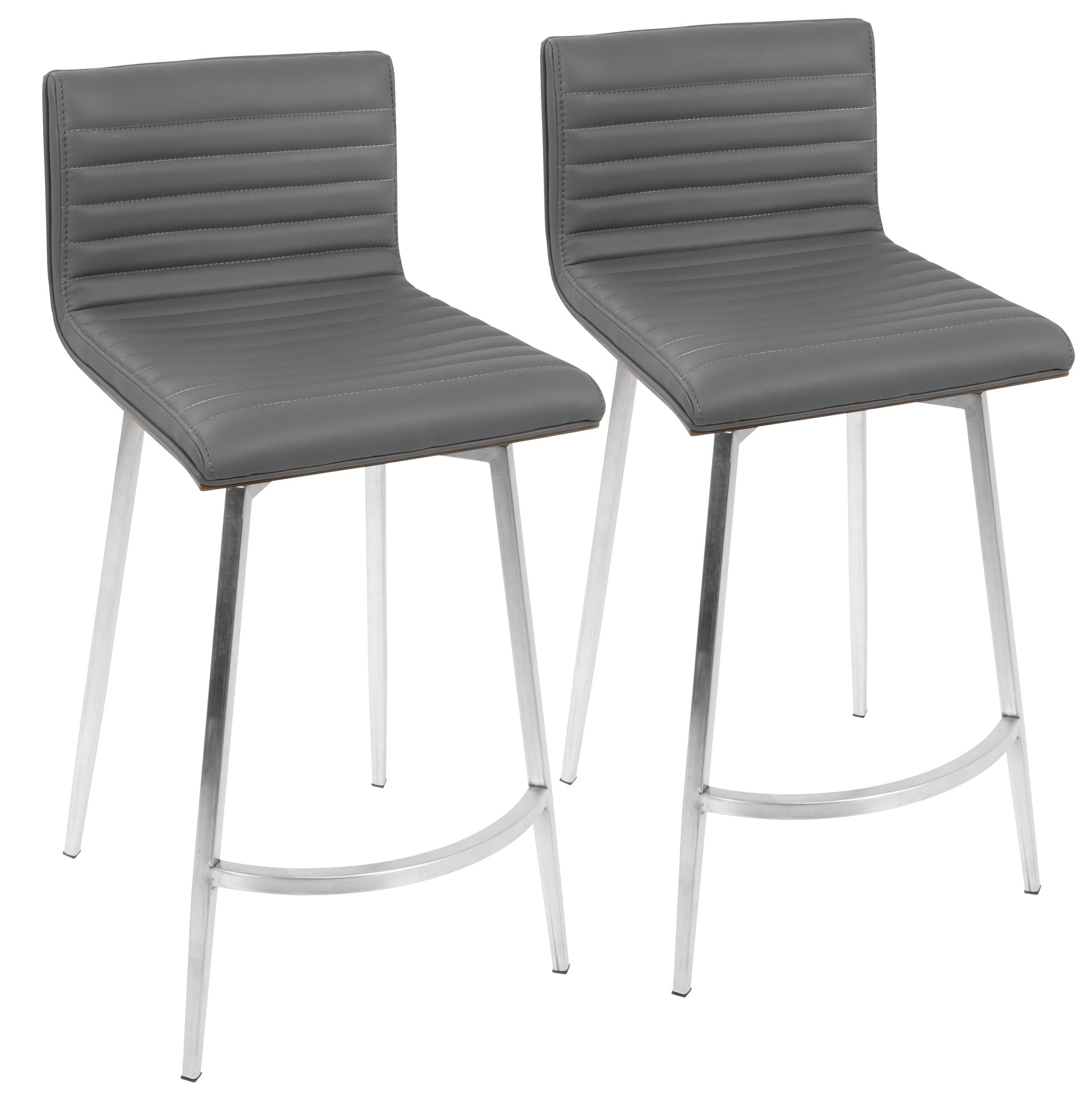 Mason Contemporary Swivel Counter Stool in Stainless Steel, Walnut Wood, and Grey Faux Leather by LumiSource - Set of 2