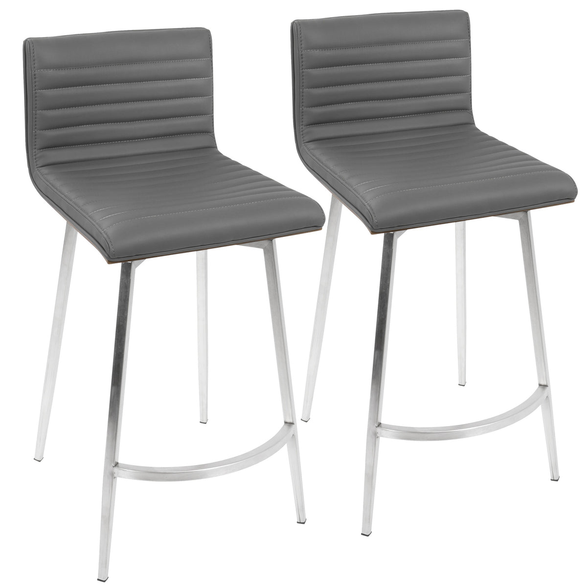 Mason Contemporary Swivel Counter Stool in Stainless Steel, Walnut Wood, and Grey Faux Leather by LumiSource - Set of 2
