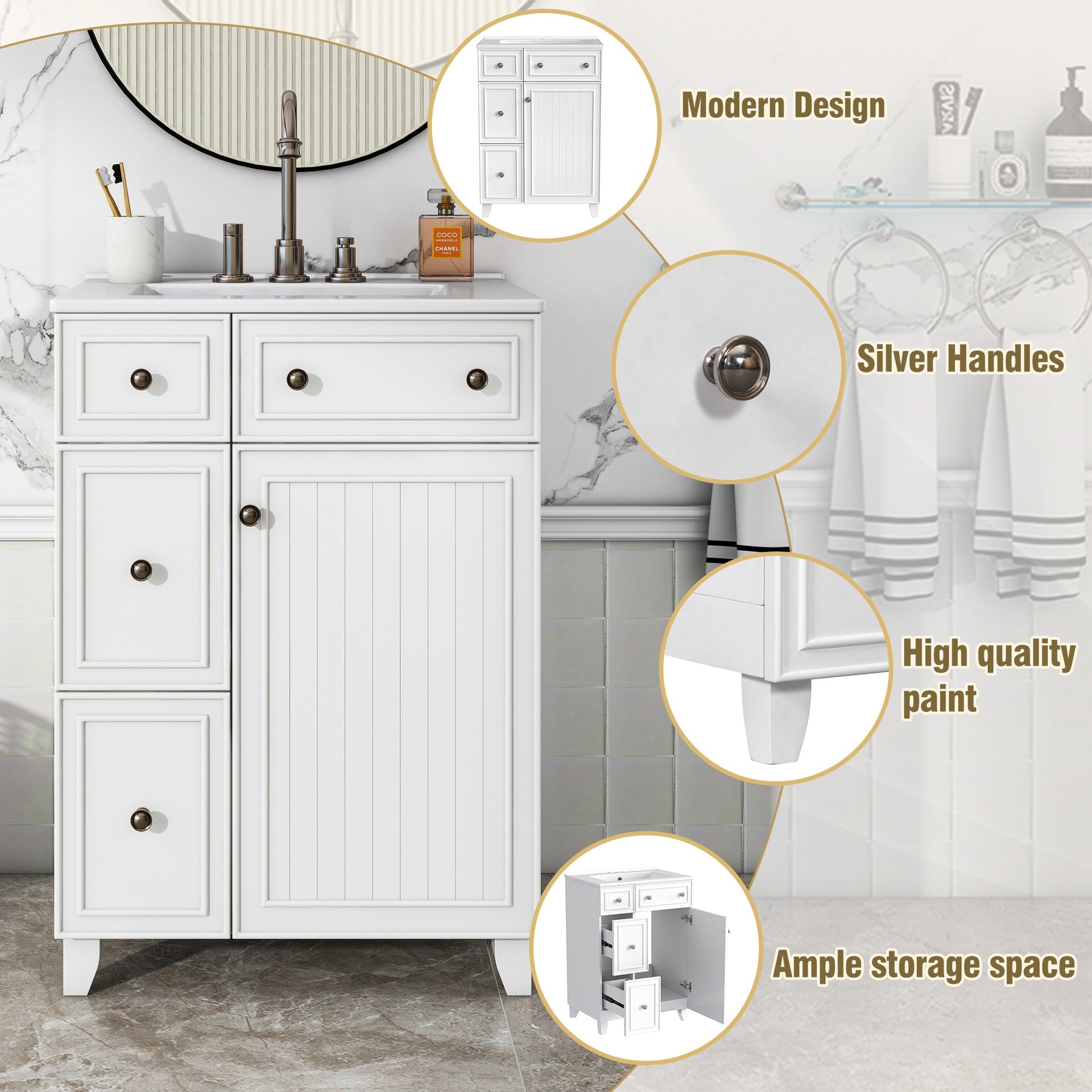 24-Inch Bathroom Vanity Cabinet with Ceramic Sink, 2 Drawers, 1 Door