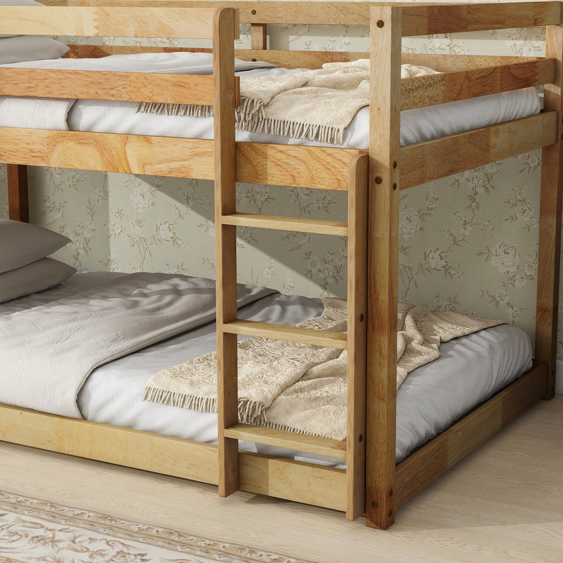 Solid Wooden , Solid Rubber Wooden Twin over Twin Floor Bunk Bed with Ladder ,Upper and Bottom Bed Platforms crafted with Strengthened Slats ,Natural