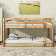 Solid Wooden , Solid Rubber Wooden Twin over Twin Floor Bunk Bed with Ladder ,Upper and Bottom Bed Platforms crafted with Strengthened Slats ,Natural