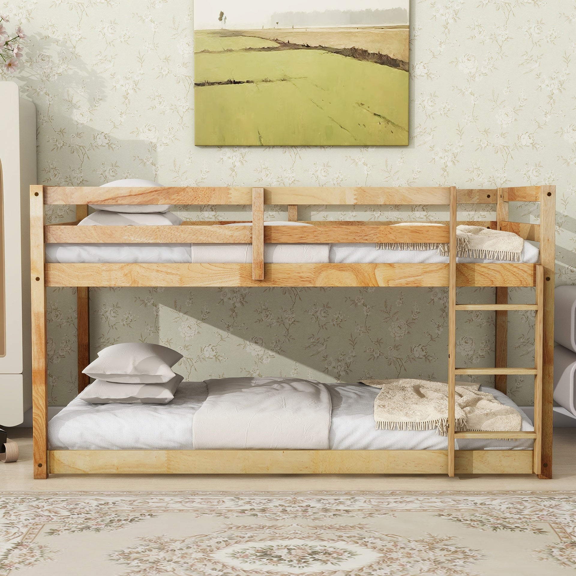 Solid Wooden , Solid Rubber Wooden Twin over Twin Floor Bunk Bed with Ladder ,Upper and Bottom Bed Platforms crafted with Strengthened Slats ,Natural