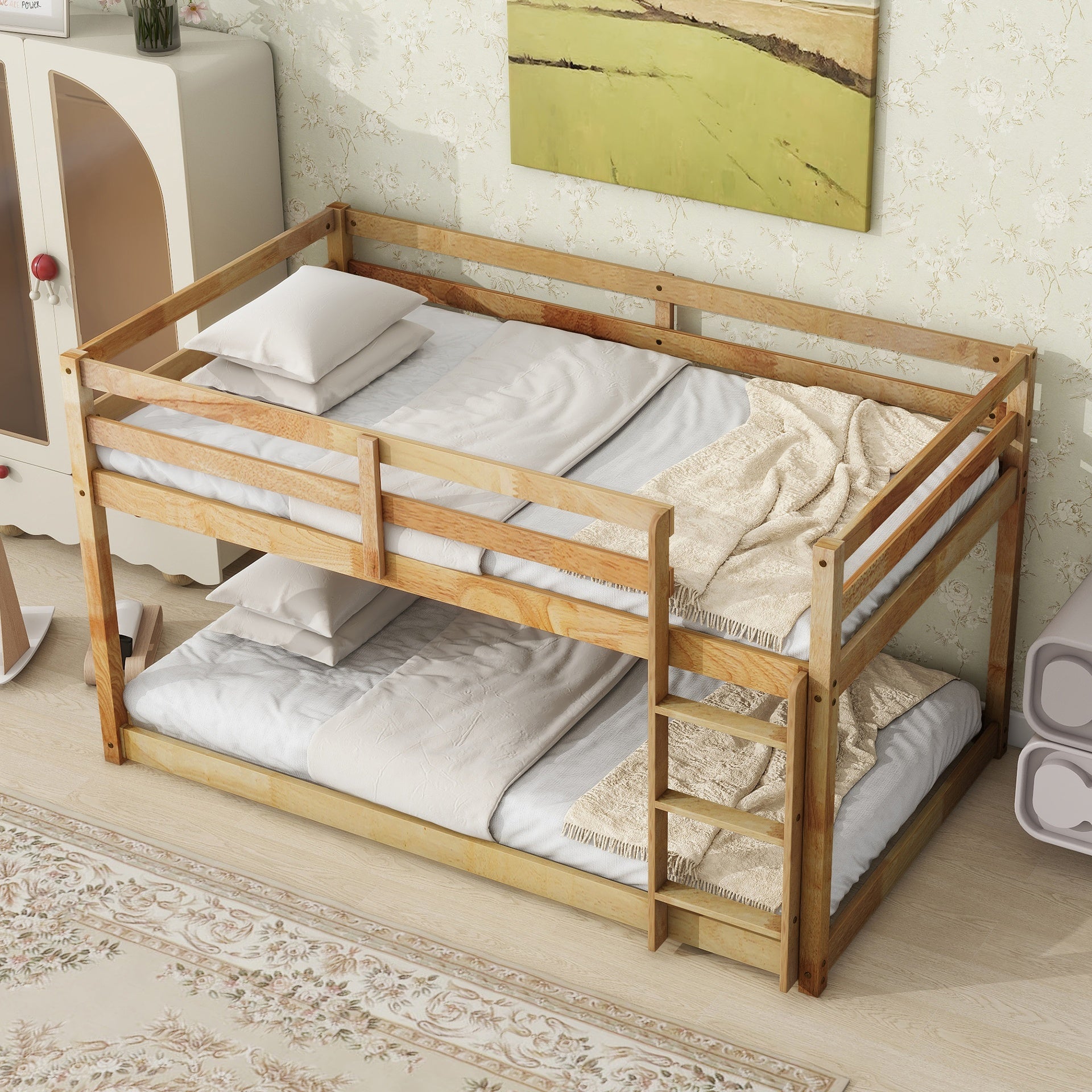 Solid Wooden , Solid Rubber Wooden Twin over Twin Floor Bunk Bed with Ladder ,Upper and Bottom Bed Platforms crafted with Strengthened Slats ,Natural