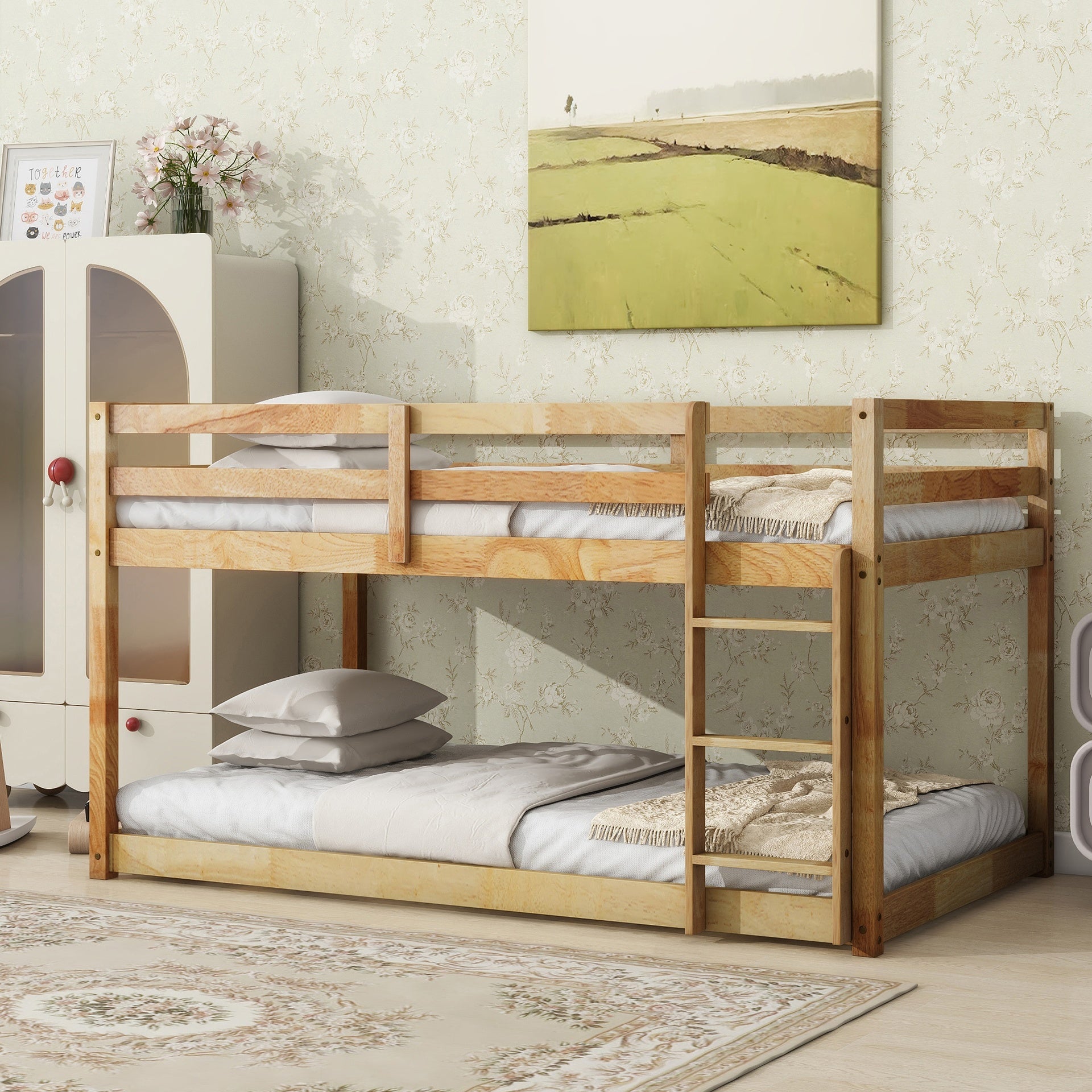 Solid Wooden , Solid Rubber Wooden Twin over Twin Floor Bunk Bed with Ladder ,Upper and Bottom Bed Platforms crafted with Strengthened Slats ,Natural