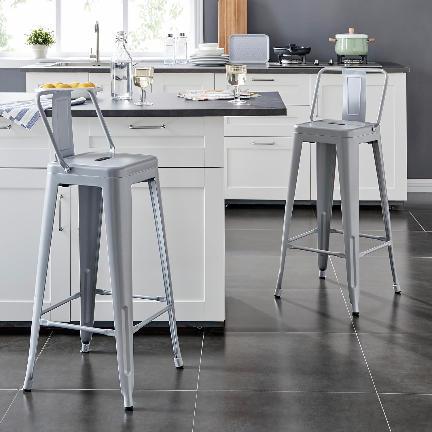 Modern Light Weight Industrial Contemporary Rustic Vintage Costal Metal Barstools with Bucket Back and 4 Leg Design, Seat Bar Stools (Set of 2) (30" Seat, Distressed White)