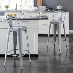 Modern Light Weight Industrial Contemporary Rustic Vintage Costal Metal Barstools with Bucket Back and 4 Leg Design, Seat Bar Stools (Set of 2) (30" Seat, Distressed White)